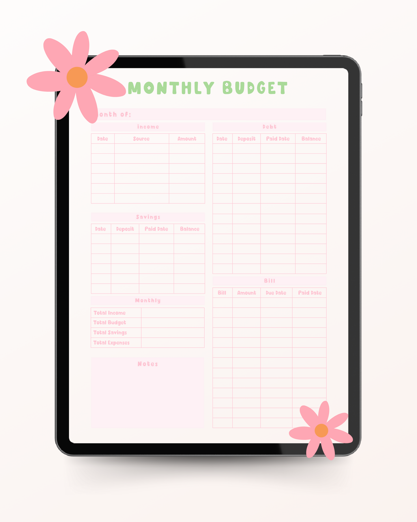 Monthly Budget Digital Planner Template Insert