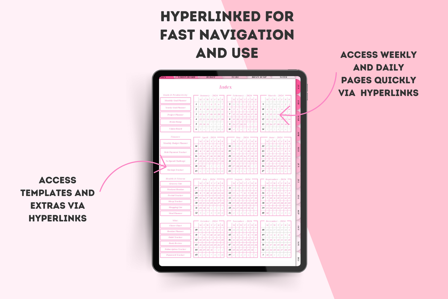 2024 Dated Hyperlinked Pink Digital Planner