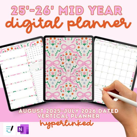 2025-2026 Digital Planner for iPad and GoodNotes, Hyperlinked Coquette Academic Planner, Weekly and Monthly Digital Planner