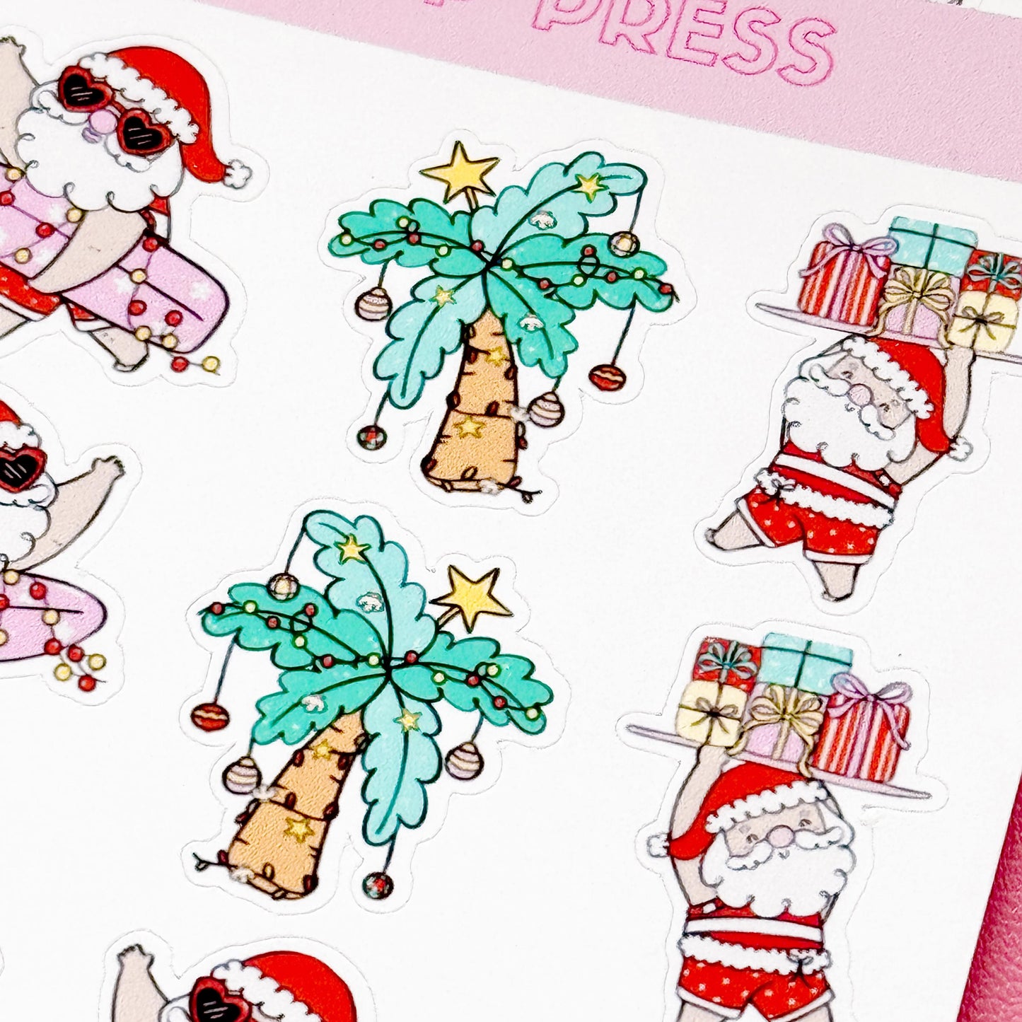Beach Christmas Doodle Stickers, Surfing Santa Stickers, Christmas Planner Stickers, Christmas Decorative Stickers