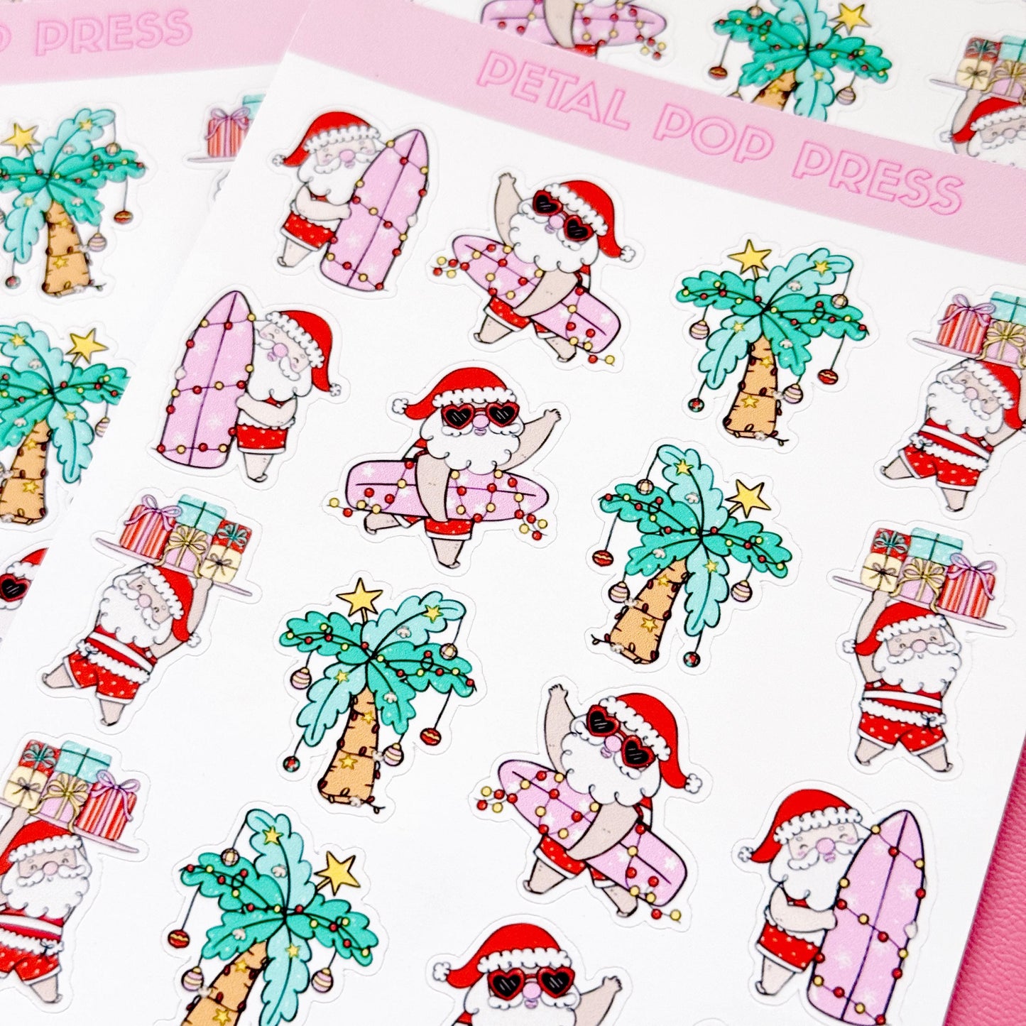 Beach Christmas Doodle Stickers, Surfing Santa Stickers, Christmas Planner Stickers, Christmas Decorative Stickers