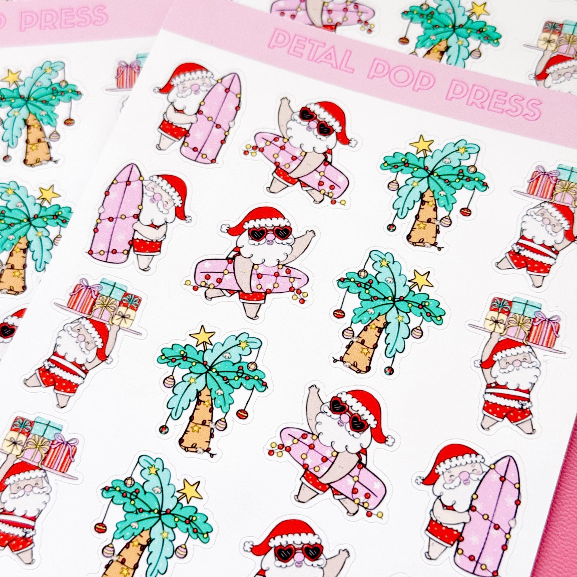 Beach Christmas Doodle Stickers, Surfing Santa Stickers, Christmas Planner Stickers, Christmas Decorative Stickers