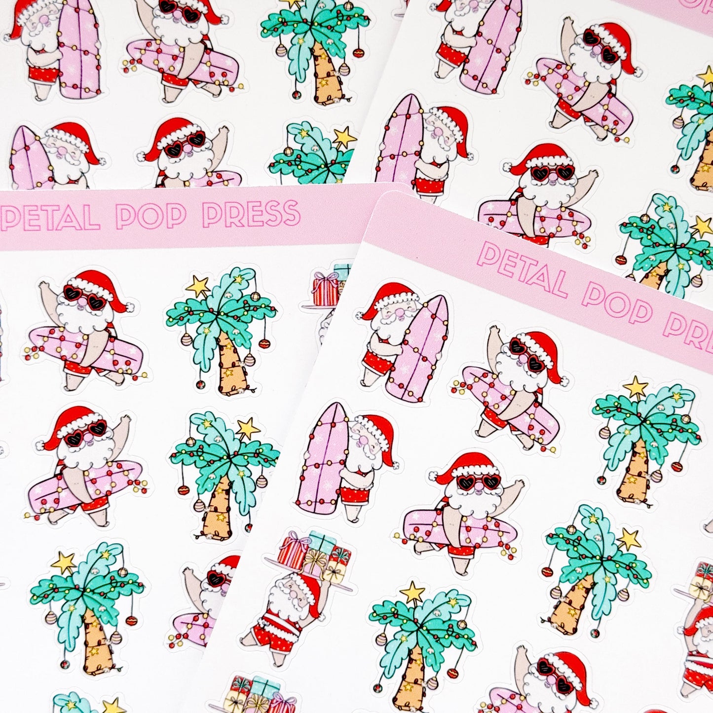 Beach Christmas Doodle Stickers, Surfing Santa Stickers, Christmas Planner Stickers, Christmas Decorative Stickers