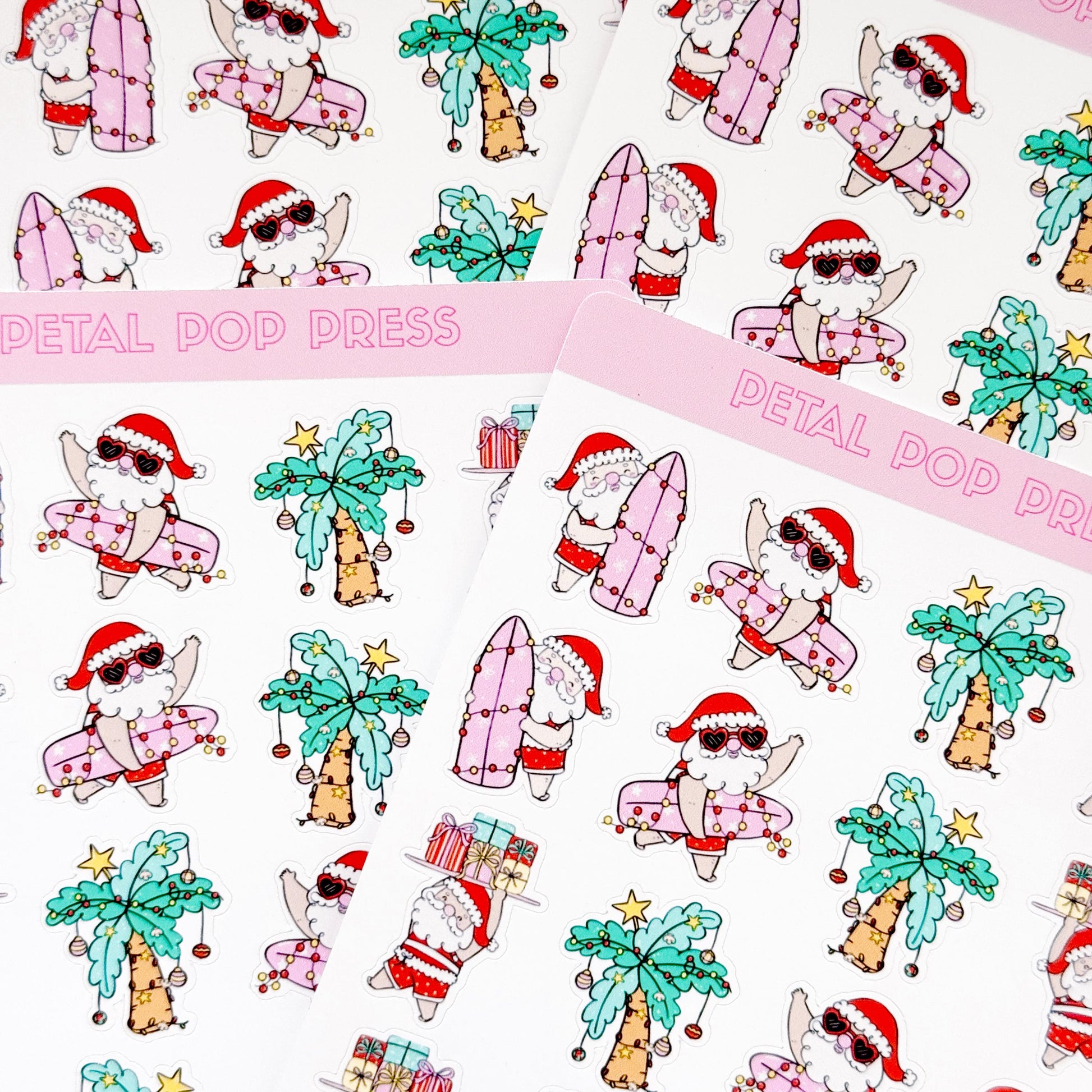 Beach Christmas Doodle Stickers, Surfing Santa Stickers, Christmas Planner Stickers, Christmas Decorative Stickers