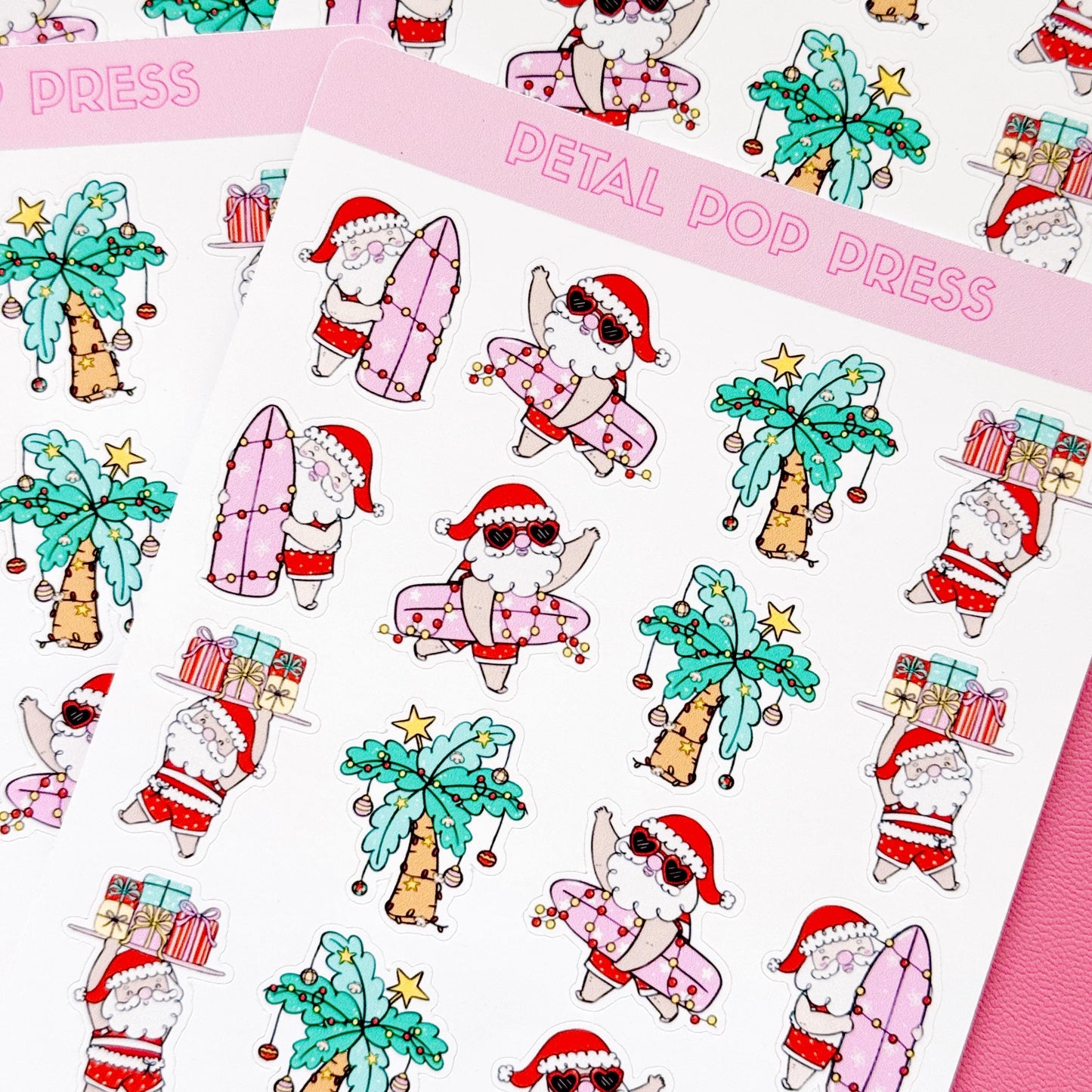 Beach Christmas Doodle Stickers, Surfing Santa Stickers, Christmas Planner Stickers, Christmas Decorative Stickers