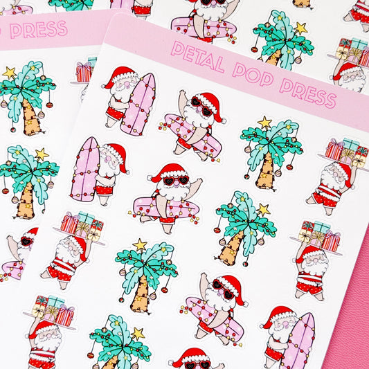 Beach Christmas Doodle Stickers, Surfing Santa Stickers, Christmas Planner Stickers, Christmas Decorative Stickers
