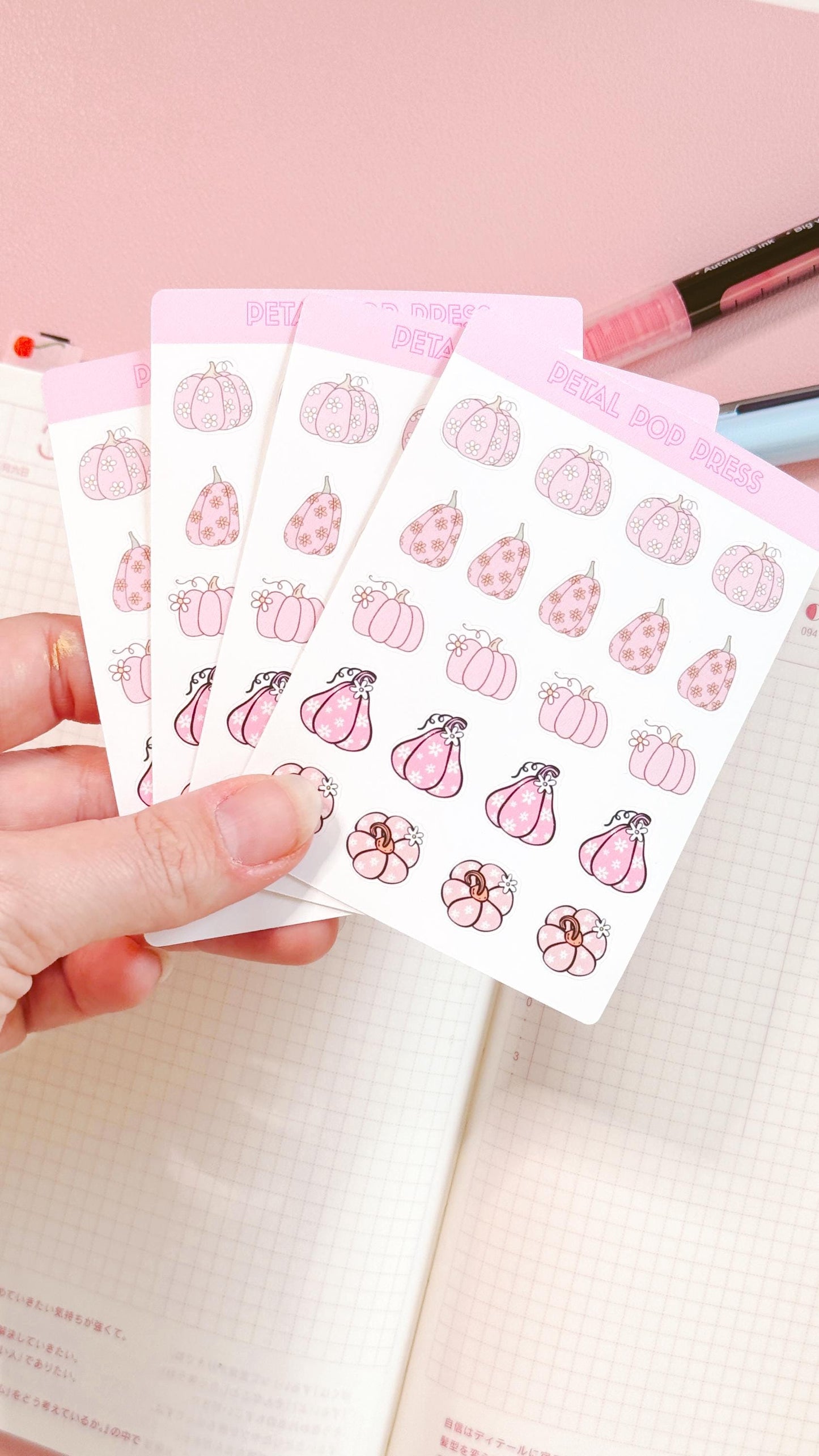 Pink Retro Pumpkins Fall Stickers, Pink Fall Deco Stickers for Planners or Junk Journals, Pumpkin Sticker Sheet, Retro Fall Stickers