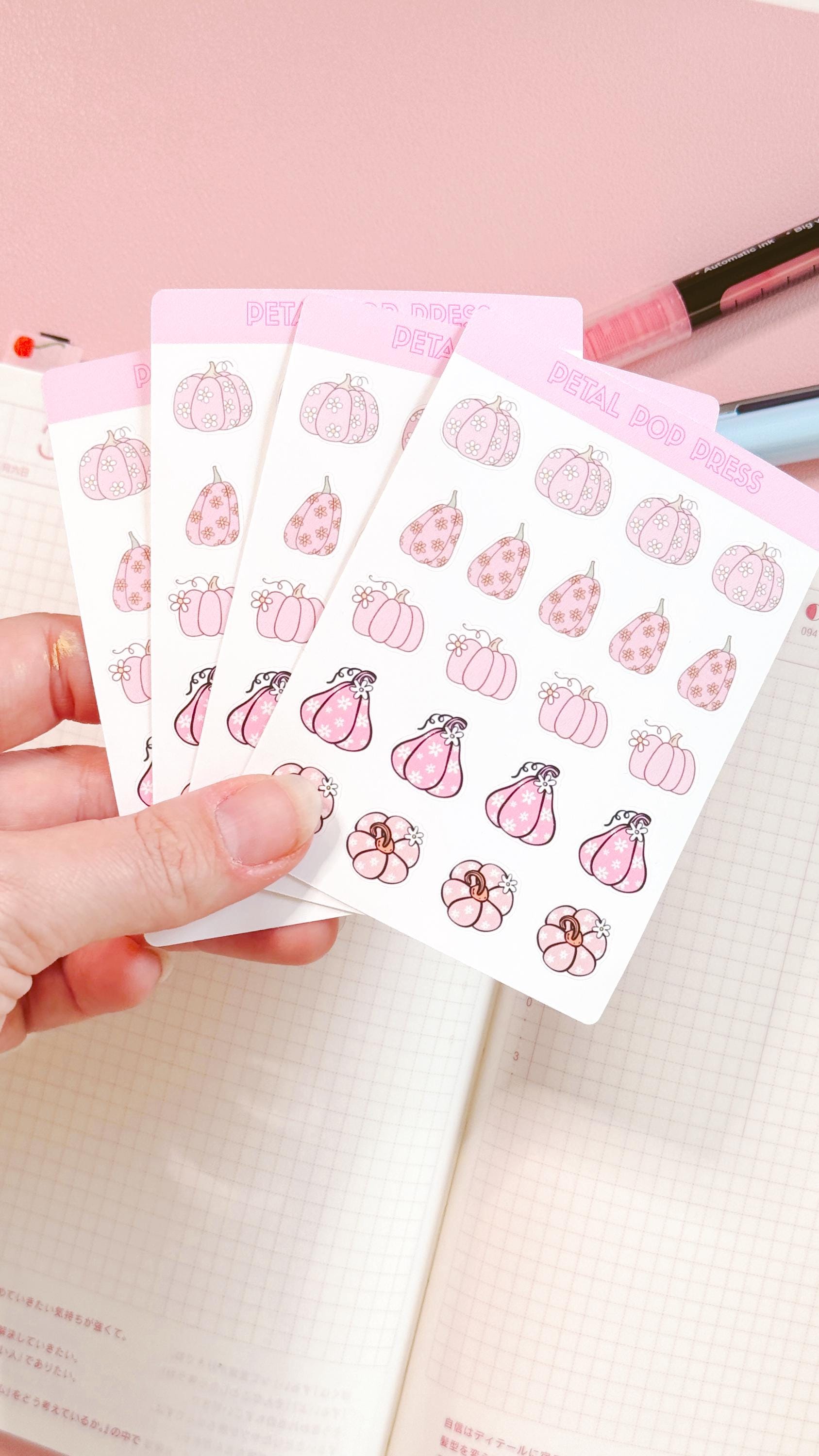 Pink Retro Pumpkins Fall Stickers, Pink Fall Deco Stickers for Planners or Junk Journals, Pumpkin Sticker Sheet, Retro Fall Stickers