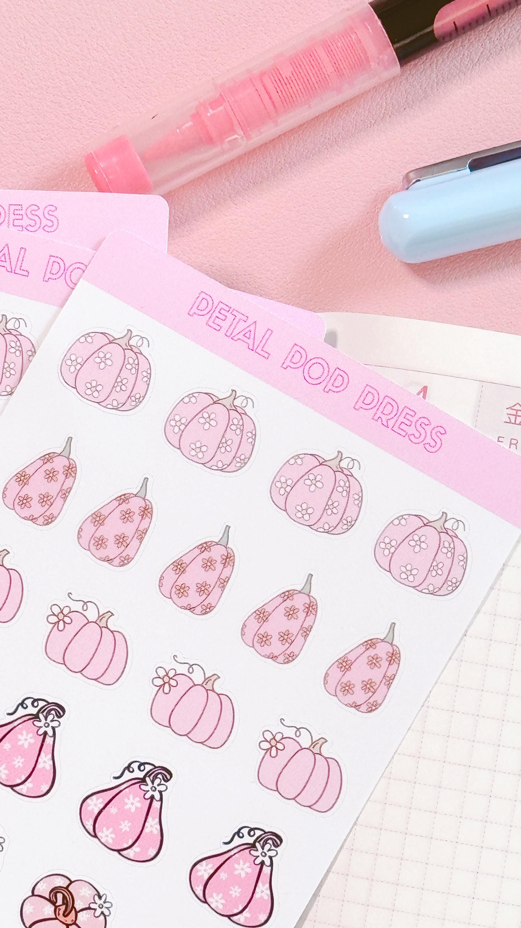 Pink Retro Pumpkins Fall Stickers, Pink Fall Deco Stickers for Planners or Junk Journals, Pumpkin Sticker Sheet, Retro Fall Stickers