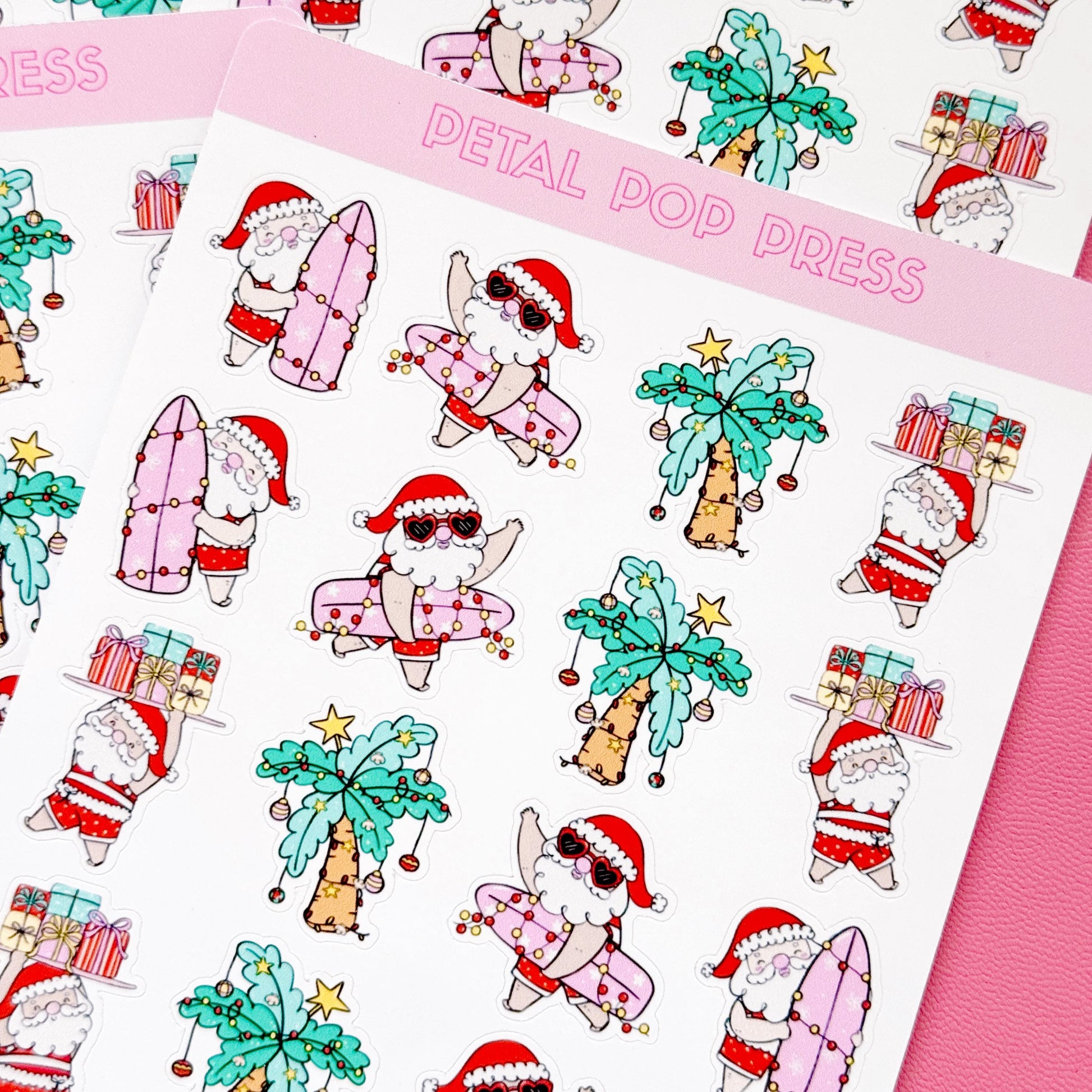 Beach Christmas Doodle Stickers, Surfing Santa Stickers, Christmas Planner Stickers, Christmas Decorative Stickers