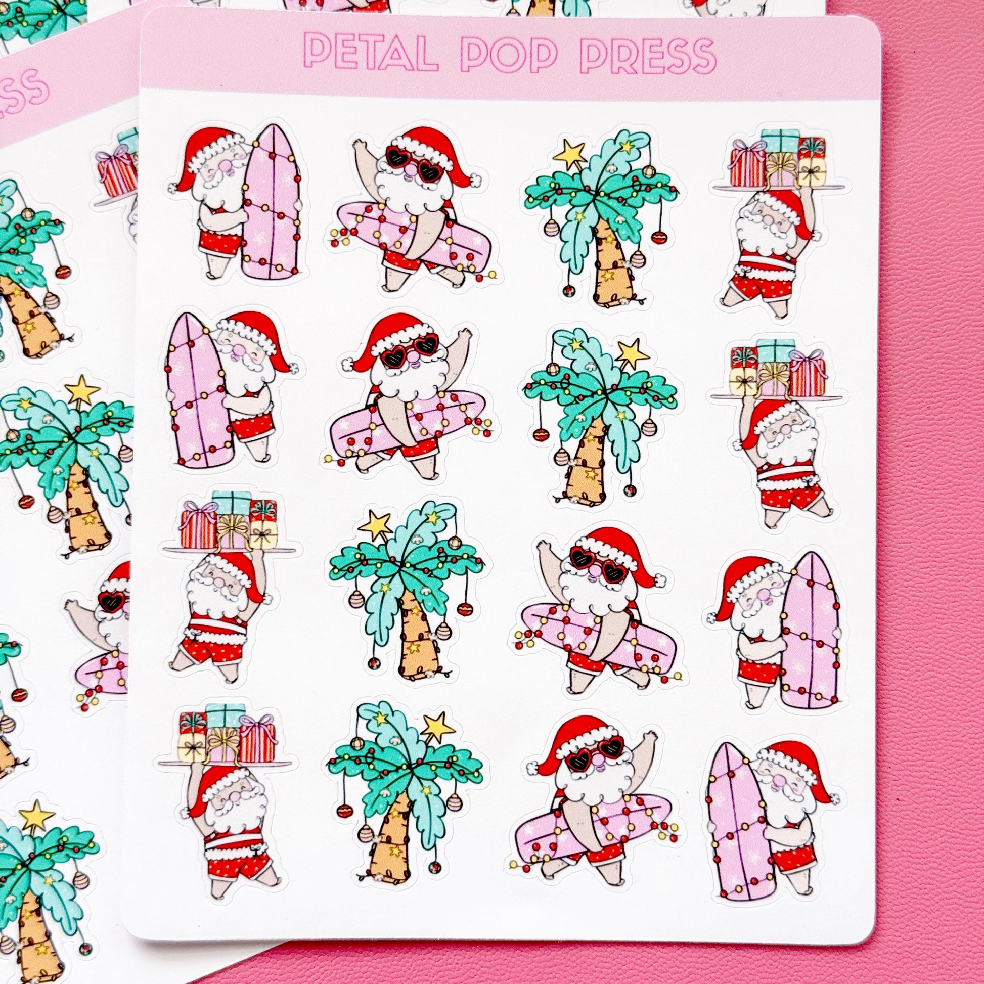 Beach Christmas Doodle Stickers, Surfing Santa Stickers, Christmas Planner Stickers, Christmas Decorative Stickers