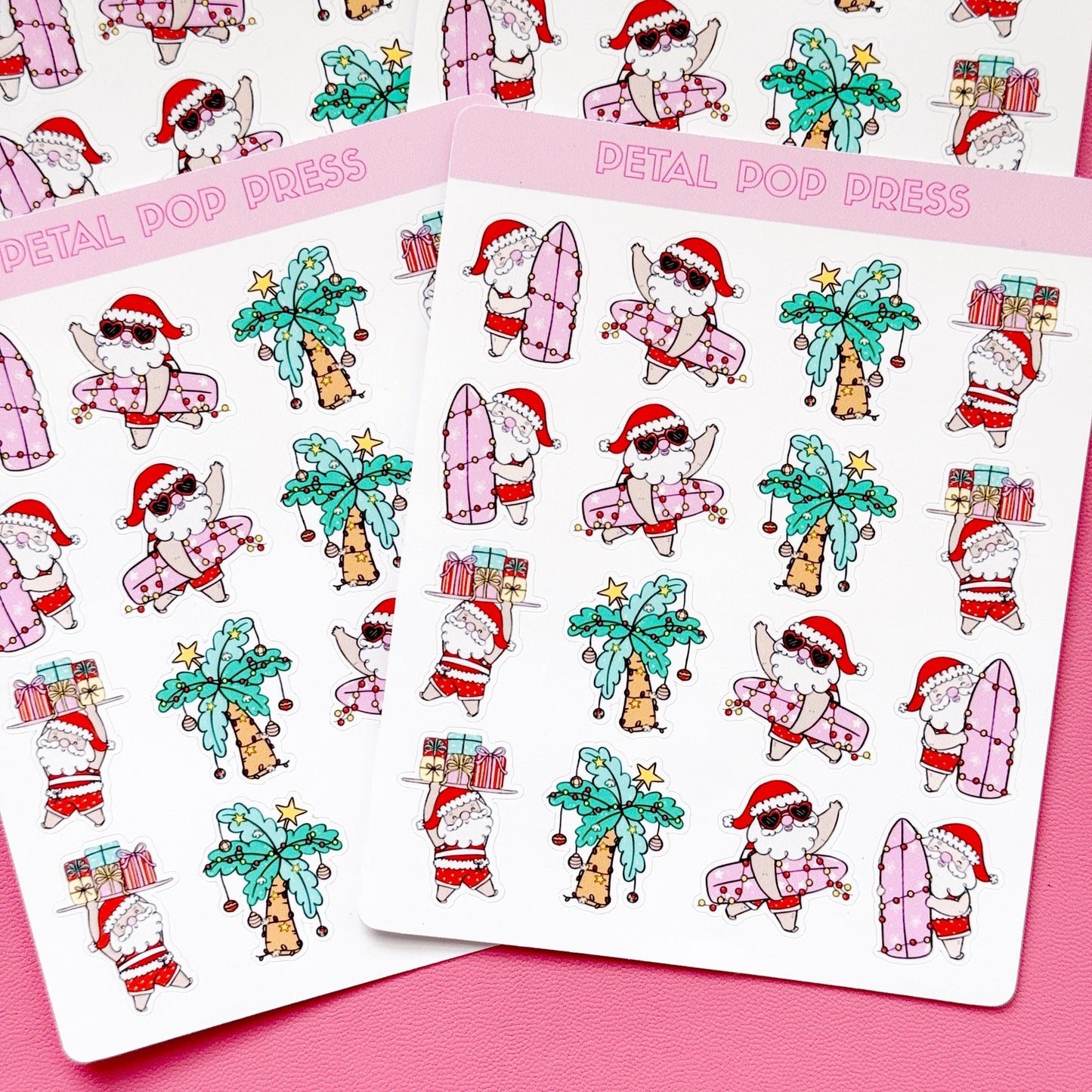 Beach Christmas Doodle Stickers, Surfing Santa Stickers, Christmas Planner Stickers, Christmas Decorative Stickers