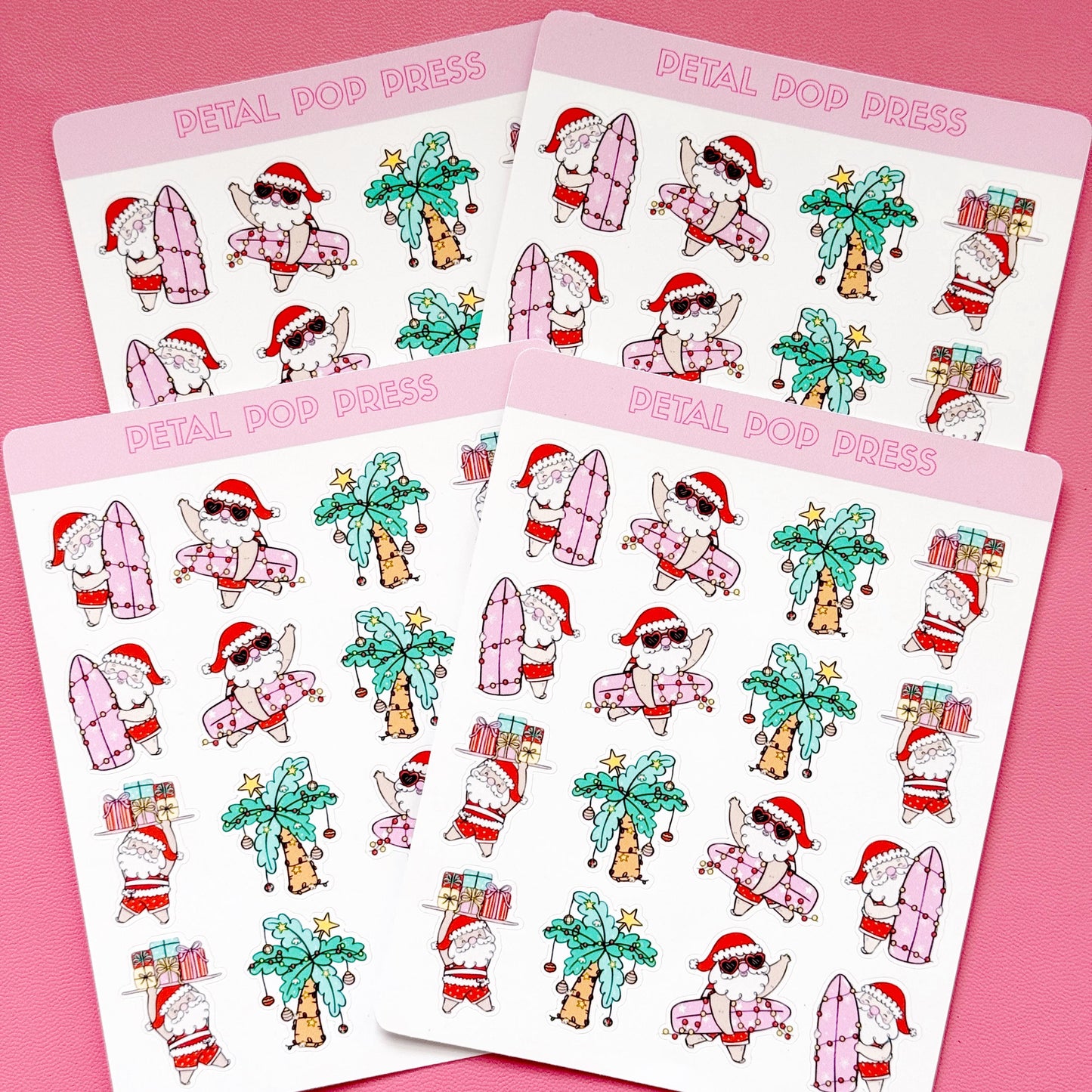 Beach Christmas Doodle Stickers, Surfing Santa Stickers, Christmas Planner Stickers, Christmas Decorative Stickers