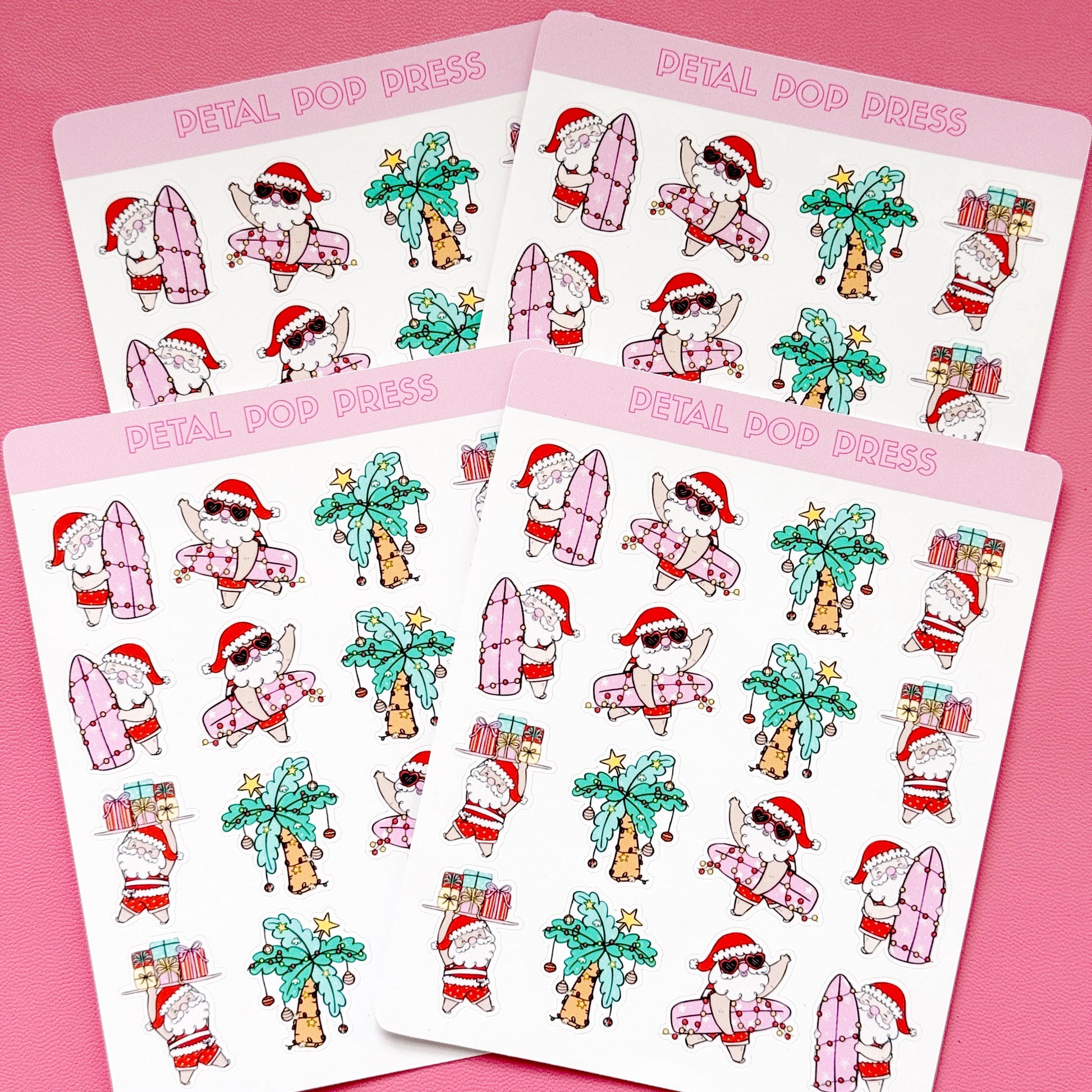 Beach Christmas Doodle Stickers, Surfing Santa Stickers, Christmas Planner Stickers, Christmas Decorative Stickers