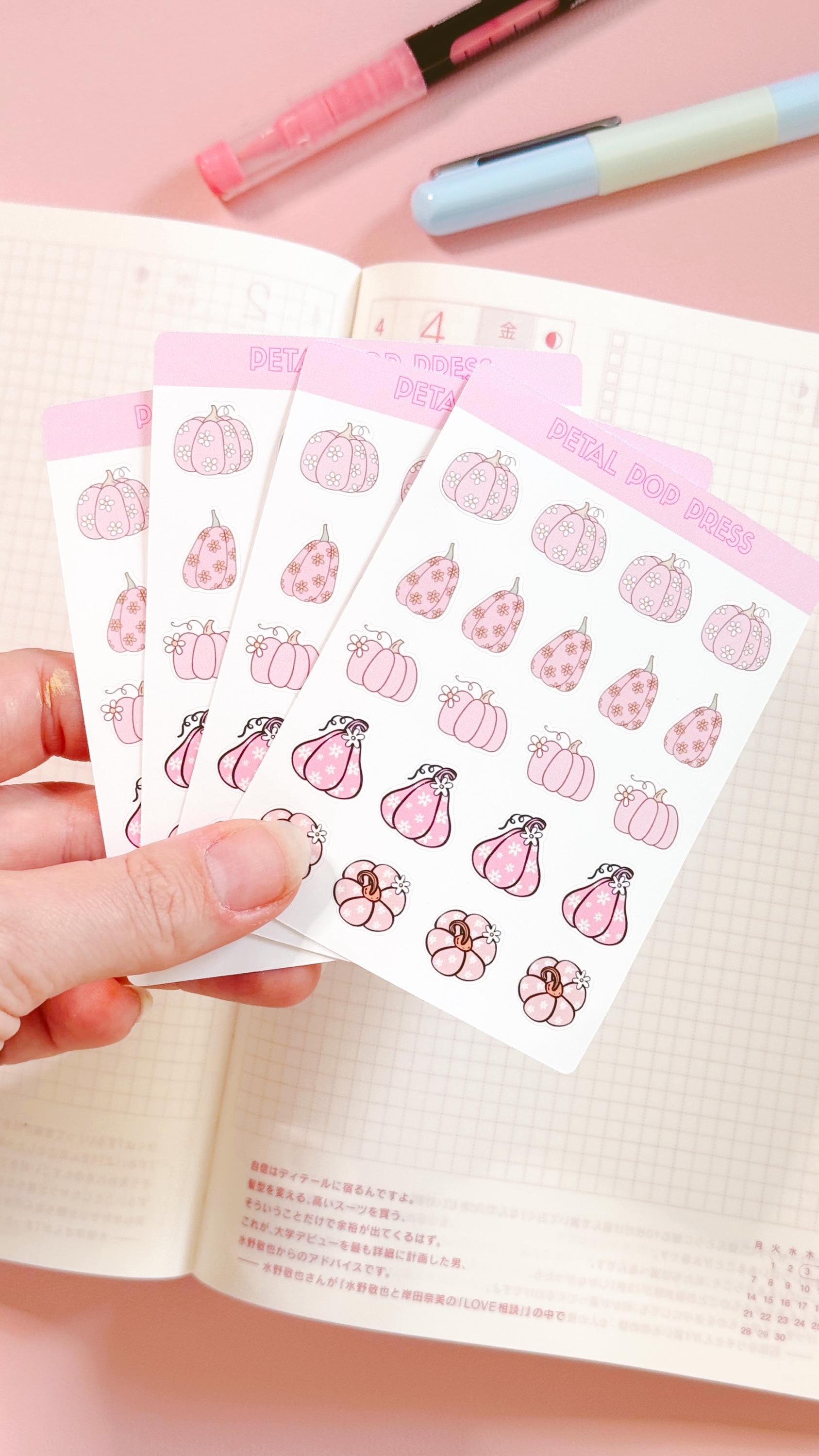Pink Retro Pumpkins Fall Stickers, Pink Fall Deco Stickers for Planners or Junk Journals, Pumpkin Sticker Sheet, Retro Fall Stickers