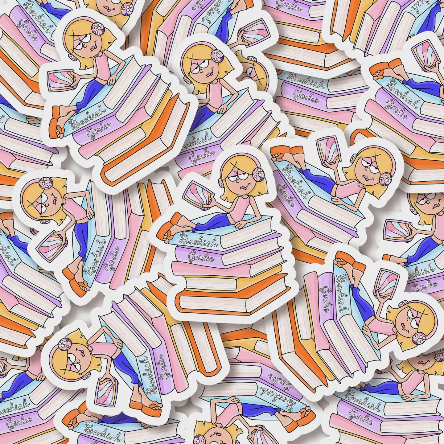 Lizzie Bookish Girlie Sticker, Reading Bookish Girl Sticker, Retro Bookish Stickers, Book Lover Gift, Bookish Girlie Sticker