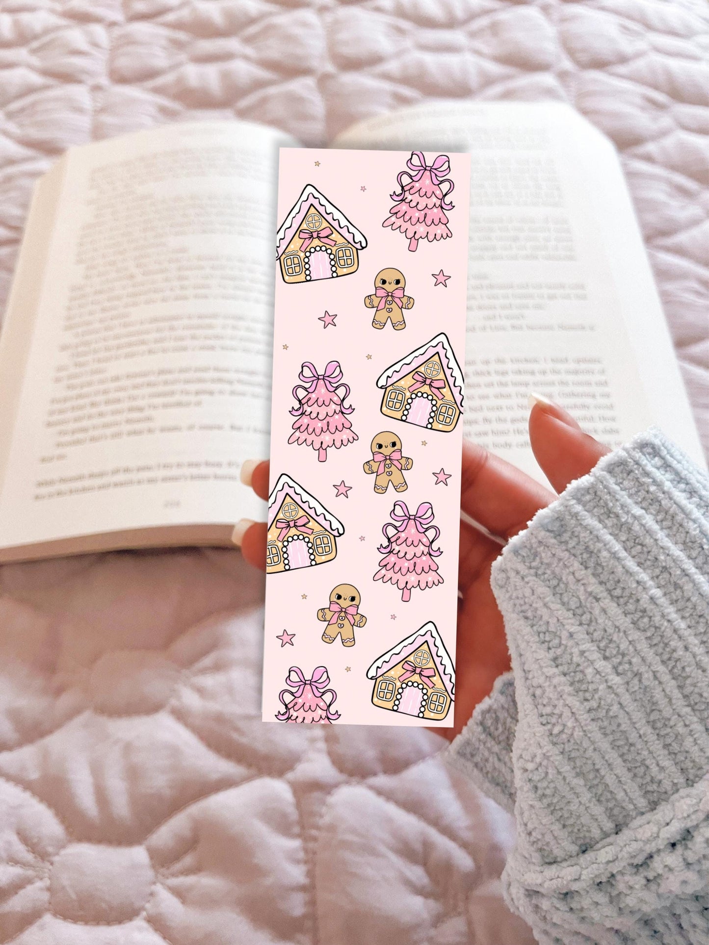 Pink Christmas Gingerbread Bookmark, Cute Holiday Bookmark, Pastel Bookish Gift, Kawaii Gingerbread House Bookmark
