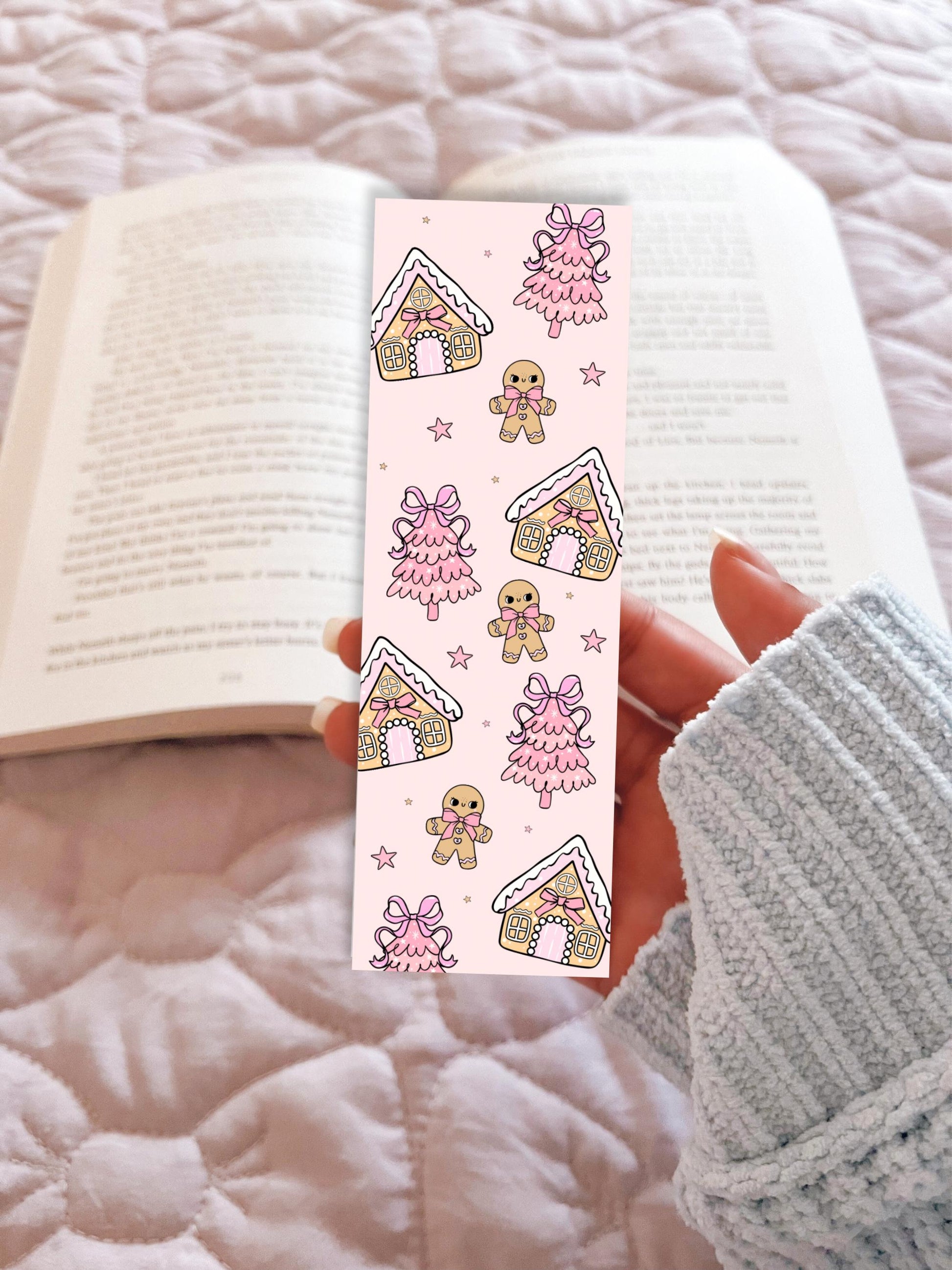 Pink Christmas Gingerbread Bookmark, Cute Holiday Bookmark, Pastel Bookish Gift, Kawaii Gingerbread House Bookmark