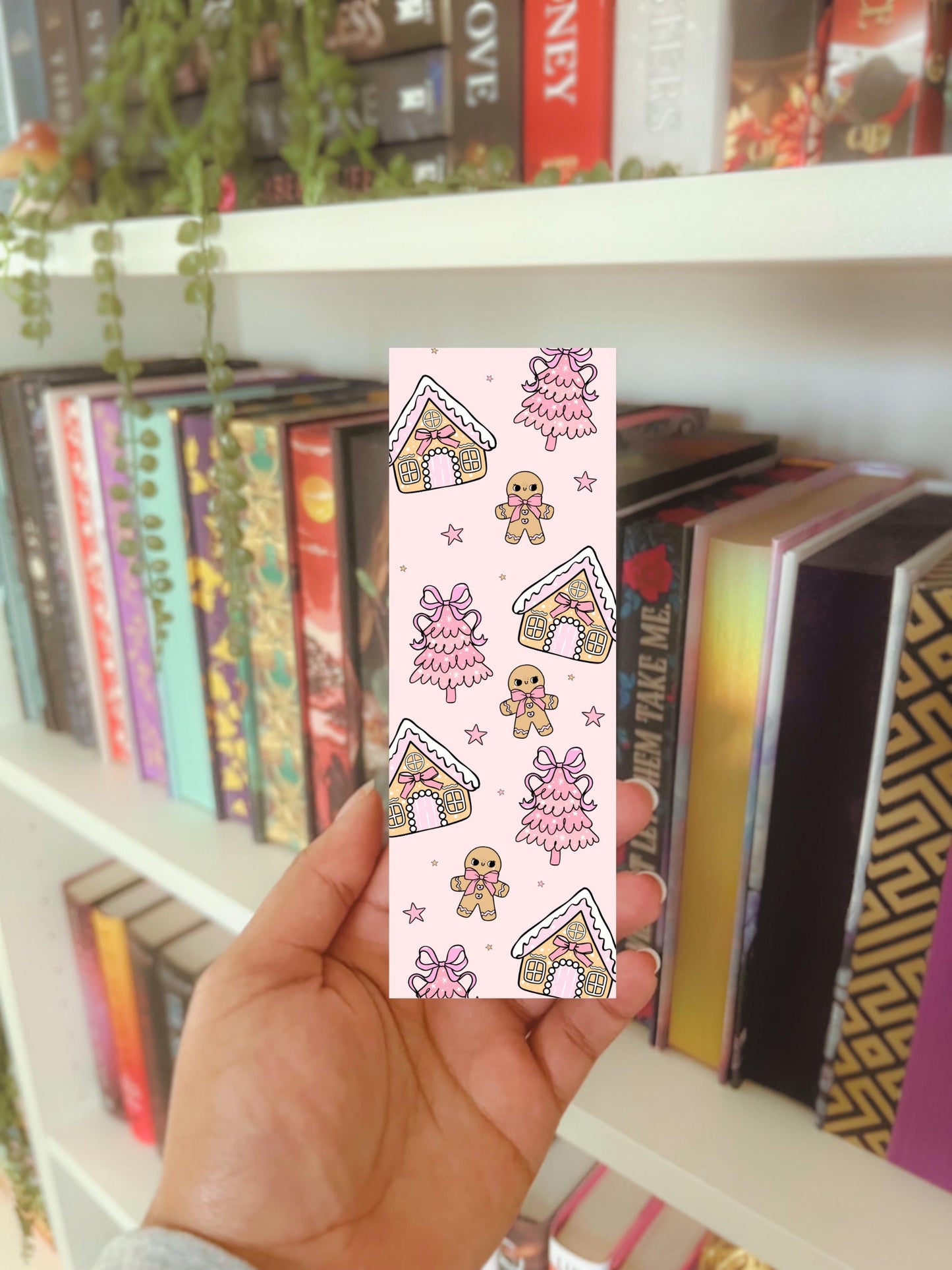Pink Christmas Gingerbread Bookmark, Cute Holiday Bookmark, Pastel Bookish Gift, Kawaii Gingerbread House Bookmark