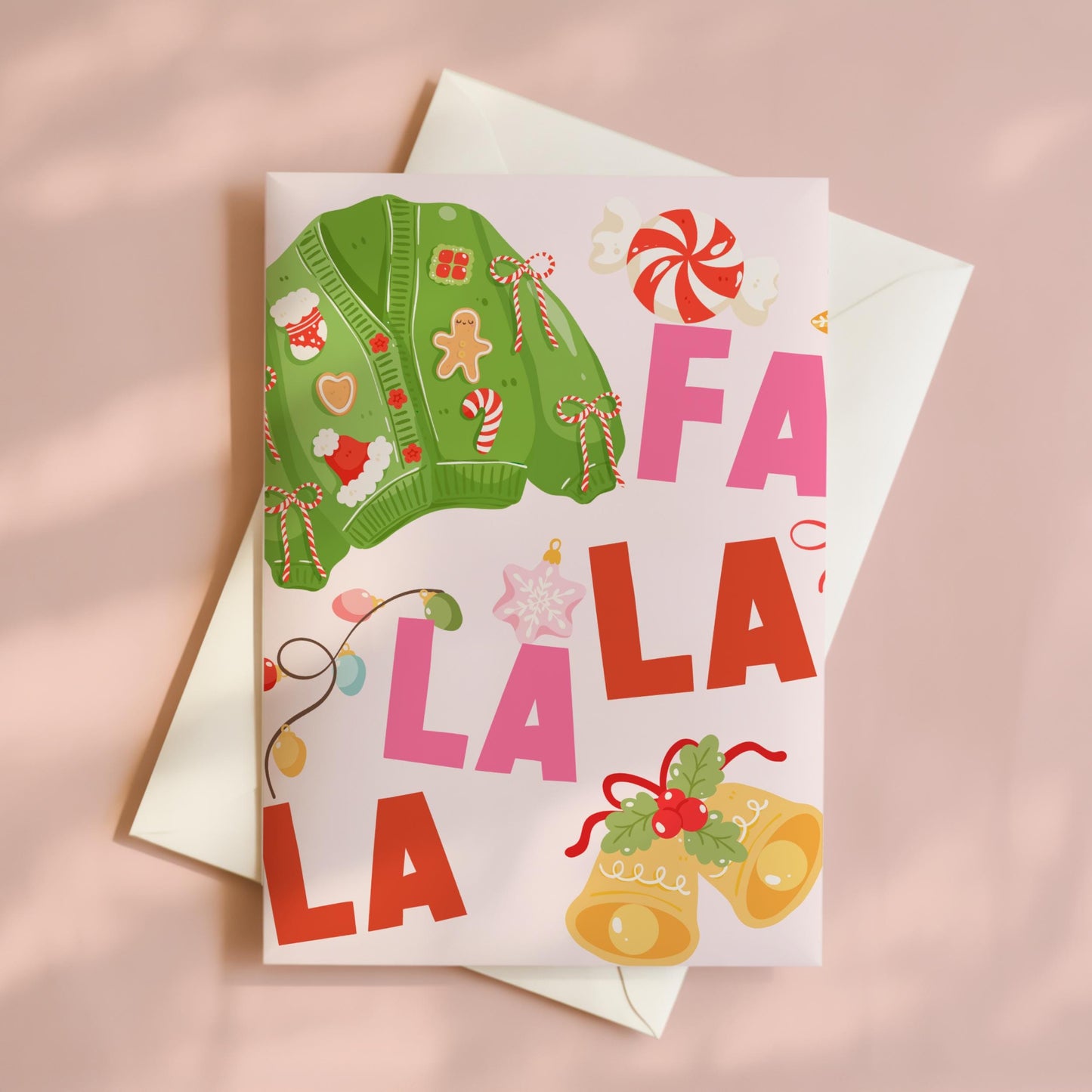 Aesthetic Christmas Greeting Card, Fun Colorful Christmas Cards, Fa La La La Christmas Cards, Pink Aesthetic Christmas Cards