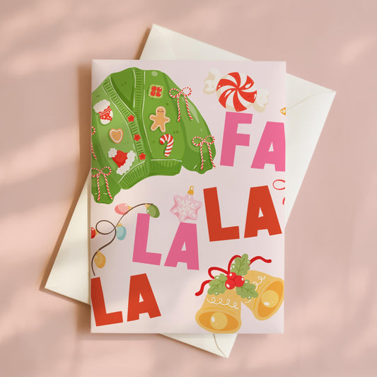 Aesthetic Christmas Greeting Card, Fun Colorful Christmas Cards, Fa La La La Christmas Cards, Pink Aesthetic Christmas Cards