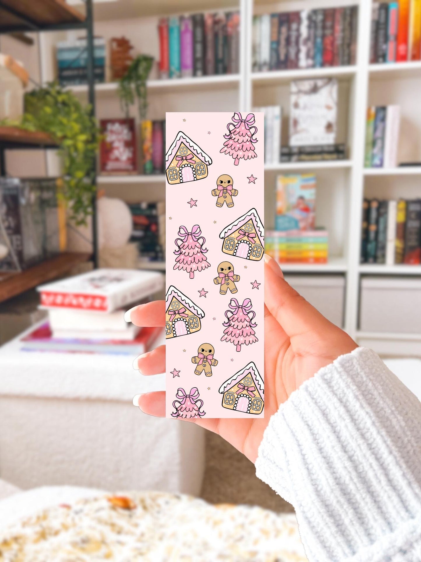 Pink Christmas Gingerbread Bookmark, Cute Holiday Bookmark, Pastel Bookish Gift, Kawaii Gingerbread House Bookmark