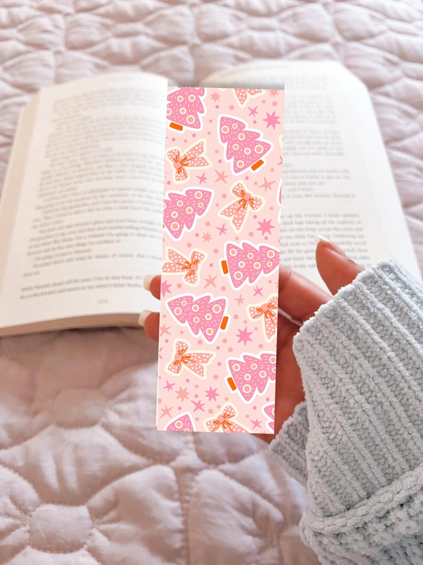 Pink Christmas Tree Bookmark, Cute Holiday Bookmark, Pastel Bookish Gift, Bookish Christmas Bookmark