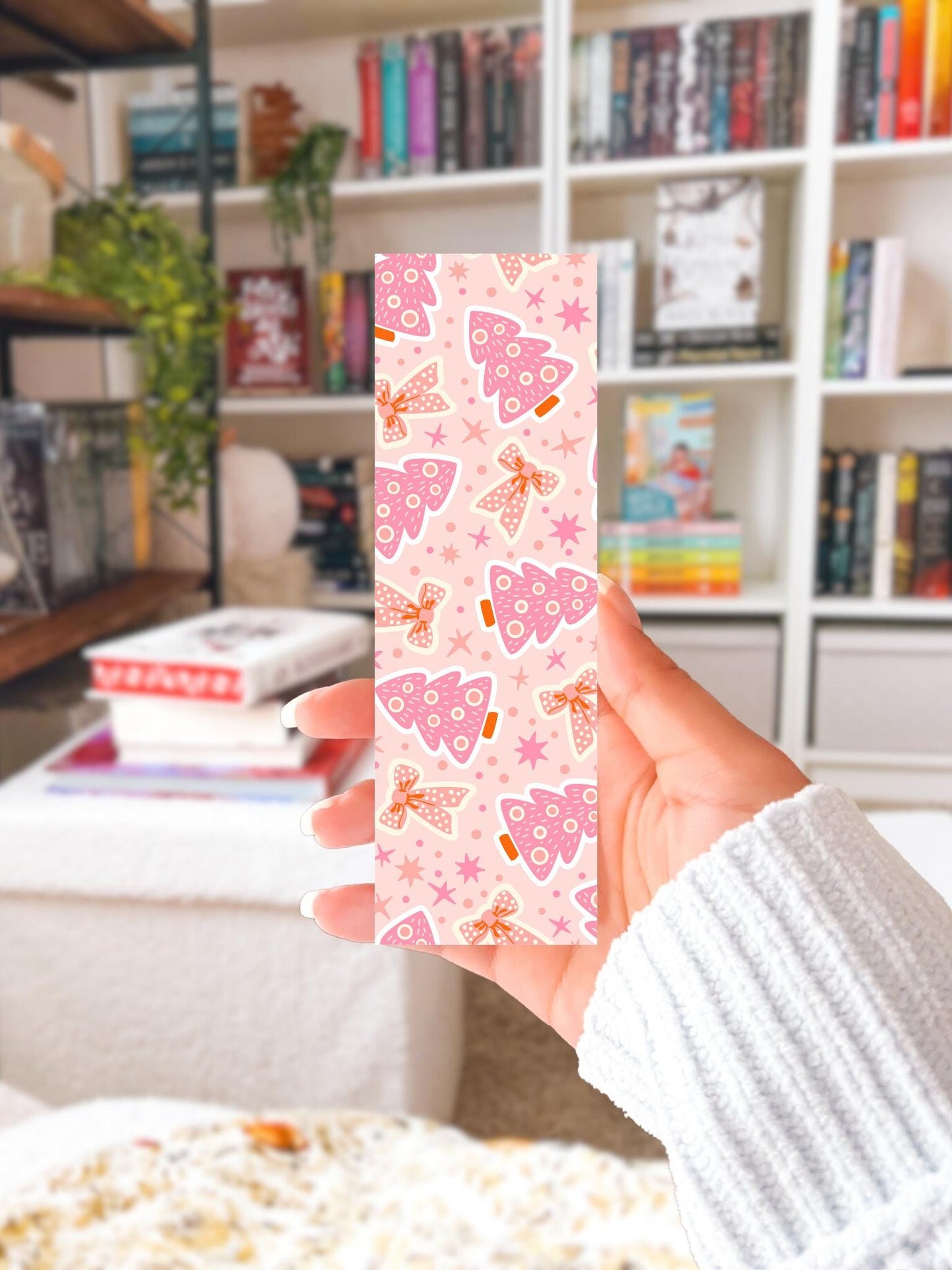 Pink Christmas Tree Bookmark, Cute Holiday Bookmark, Pastel Bookish Gift, Bookish Christmas Bookmark