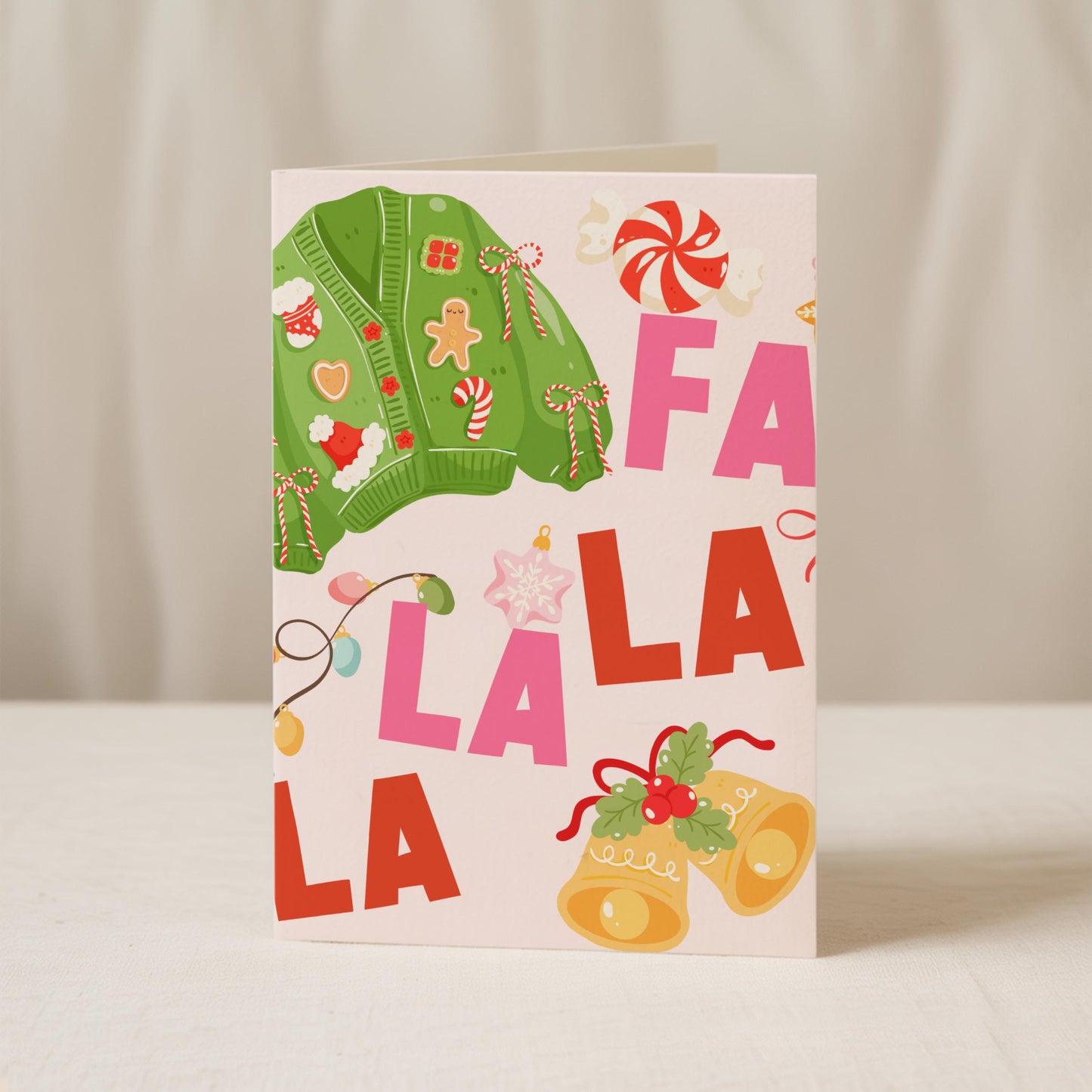 Aesthetic Christmas Greeting Card, Fun Colorful Christmas Cards, Fa La La La Christmas Cards, Pink Aesthetic Christmas Cards