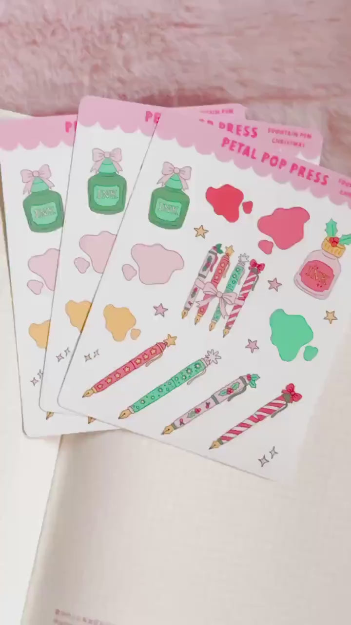 Fountain Pen Stickers, Christmas Fountain Pen Stickers, Journaling Stickers, Fountain Pen Sticker Sheet for Journaling